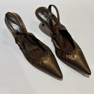 Donald J. Pliner Brown Metallic Perforated Leather Sling back Heel Pump